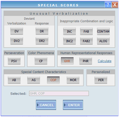 Special Scores Popup Window